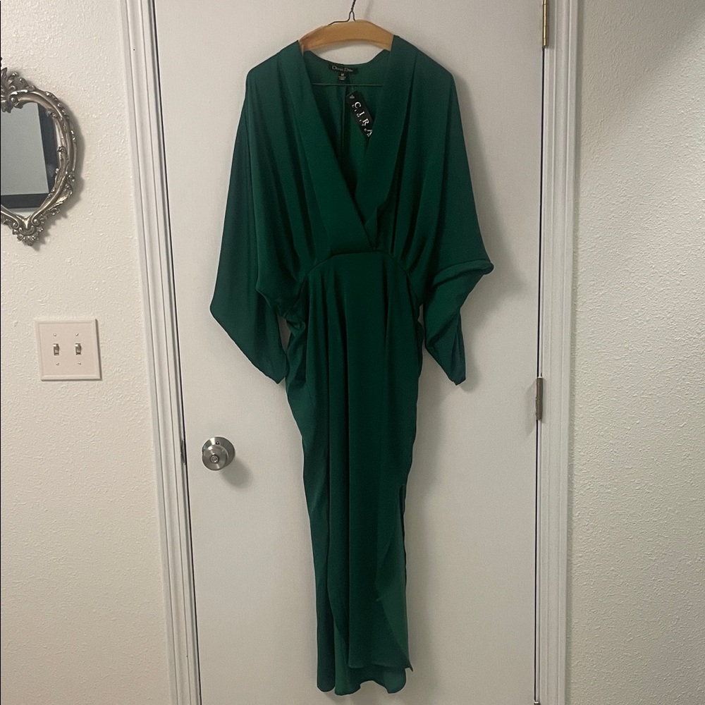 Hunter Green Satin-y dress with Dolman Sleeves